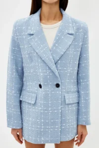 TRENDYOLMİLLA Light BLUE Oversized Weaving Plaid Blazer Jacket - Image 4
