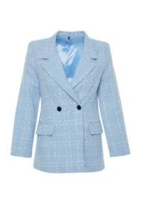 TRENDYOLMİLLA Light BLUE Oversized Weaving Plaid Blazer Jacket - Image 7