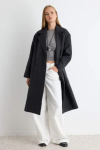 TRENDYOLMİLLA Anthracite Oversized Wide Cut LONG Woolly Bowl Overcoat - Image 2