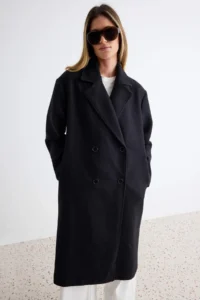 TRENDYOLMİLLA Black Oversized Wide Cut LONG Woolly Bowl Overcoat - Image 2