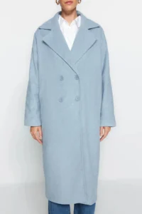 TRENDYOLMİLLA BLUE Oversized Wide Cut LONG Woolly Bowl Overcoat - Image 3