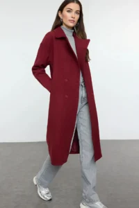 TRENDYOLMİLLA Burgundy Oversized Wide Cut LONG Woolly Bowl Overcoat