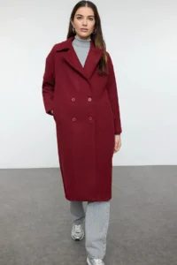 TRENDYOLMİLLA Burgundy Oversized Wide Cut LONG Woolly Bowl Overcoat - Image 4