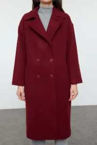 TRENDYOLMİLLA Burgundy Oversized Wide Cut LONG Woolly Bowl Overcoat - Image 5