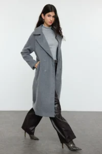 TRENDYOLMİLLA Gray Oversized Wide Cut LONG Woolly Bowl Overcoat