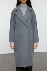 TRENDYOLMİLLA Gray Oversized Wide Cut LONG Woolly Bowl Overcoat - Image 5