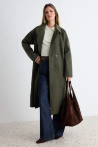 TRENDYOLMİLLA Khaki Oversized Wide Cut LONG Woolly Bowl Overcoat