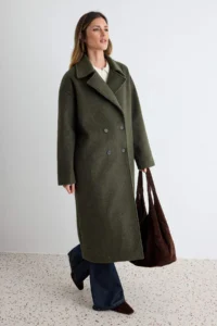 TRENDYOLMİLLA Khaki Oversized Wide Cut LONG Woolly Bowl Overcoat - Image 2