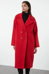 TRENDYOLMİLLA Red Oversized Wide Cut LONG Woolly Bowl Overcoat - Image 2