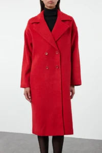 TRENDYOLMİLLA Red Oversized Wide Cut LONG Woolly Bowl Overcoat - Image 3