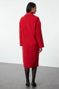 TRENDYOLMİLLA Red Oversized Wide Cut LONG Woolly Bowl Overcoat - Image 5