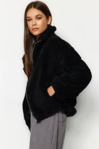TRENDYOLMİLLA Black Oversized Pattern Zippered Plush Jacket Coat - Image 2