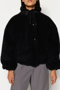 TRENDYOLMİLLA Black Oversized Pattern Zippered Plush Jacket Coat - Image 3