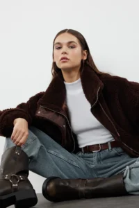 TRENDYOLMİLLA Brown Oversized Pattern Zippered Plush Jacket Coat