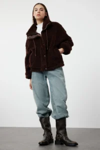 TRENDYOLMİLLA Brown Oversized Pattern Zippered Plush Jacket Coat - Image 2