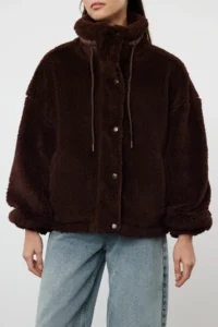 TRENDYOLMİLLA Brown Oversized Pattern Zippered Plush Jacket Coat - Image 4