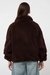 TRENDYOLMİLLA Brown Oversized Pattern Zippered Plush Jacket Coat - Image 5