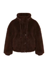 TRENDYOLMİLLA Brown Oversized Pattern Zippered Plush Jacket Coat - Image 6