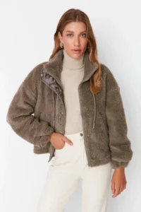 TRENDYOLMİLLA Mink Oversized Pattern Zippered Plush Jacket Coat