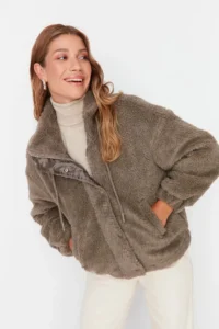 TRENDYOLMİLLA Mink Oversized Pattern Zippered Plush Jacket Coat - Image 2