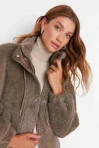 TRENDYOLMİLLA Mink Oversized Pattern Zippered Plush Jacket Coat - Image 3