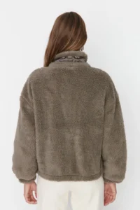 TRENDYOLMİLLA Mink Oversized Pattern Zippered Plush Jacket Coat - Image 4