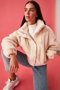 TRENDYOLMİLLA Stone Oversized Pattern Zippered Plush Jacket Coat - Image 4