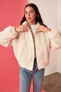 TRENDYOLMİLLA Stone Oversized Pattern Zippered Plush Jacket Coat - Image 6