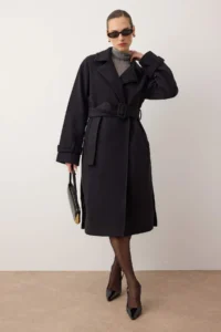 TRENDYOLMİLLA Black Oversized Wide Cut Arched LONG Woolly Bowl Overcoat - Image 13