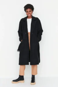 TRENDYOLMİLLA Black Oversized Wide Cut Arched LONG Woolly Bowl Overcoat - Image 16