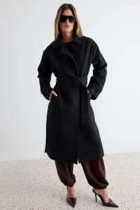 TRENDYOLMİLLA Black Oversized Wide Cut Arched LONG Woolly Bowl Overcoat - Image 2