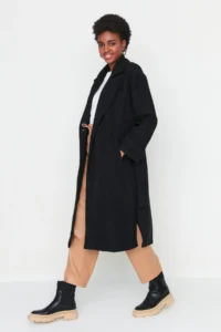 TRENDYOLMİLLA Black Oversized Wide Cut Arched LONG Woolly Bowl Overcoat - Image 20