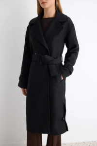 TRENDYOLMİLLA Black Oversized Wide Cut Arched LONG Woolly Bowl Overcoat - Image 9
