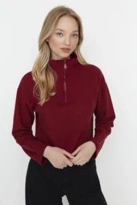 TRENDYOLMİLLA Burgundy Thessaloniki/Knitwear look Zippered Collar Regular/Normal Pattern Knitting Sweatshirt - Image 10