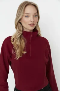 TRENDYOLMİLLA Burgundy Thessaloniki/Knitwear look Zippered Collar Regular/Normal Pattern Knitting Sweatshirt - Image 11