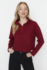 TRENDYOLMİLLA Burgundy Thessaloniki/Knitwear look Zippered Collar Regular/Normal Pattern Knitting Sweatshirt - Image 13