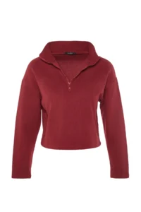 TRENDYOLMİLLA Burgundy Thessaloniki/Knitwear look Zippered Collar Regular/Normal Pattern Knitting Sweatshirt - Image 15