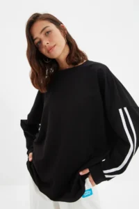 TRENDYOLMİLLA Black Stripe Detailed Oversized/Wide Pattern Thin Knitting Sweatshirt - Image 2