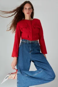 TRENDYOLMİLLA Red Tweed Crop Fitted Weaving Jacket - Image 2