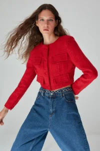 TRENDYOLMİLLA Red Tweed Crop Fitted Weaving Jacket - Image 3