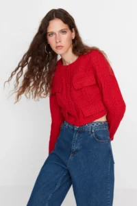 TRENDYOLMİLLA Red Tweed Crop Fitted Weaving Jacket - Image 4