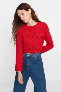 TRENDYOLMİLLA Red Tweed Crop Fitted Weaving Jacket - Image 5