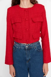 TRENDYOLMİLLA Red Tweed Crop Fitted Weaving Jacket - Image 6