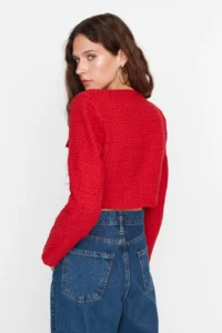 TRENDYOLMİLLA Red Tweed Crop Fitted Weaving Jacket - Image 7