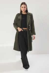 TRENDYOLMİLLA Khaki Fitted Belted Gold buttoned LONG Woolly Bowl Overcoat