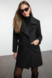 TRENDYOLMİLLA Black Double breasted Kapama Oversized Midi Bowl Overcoat - Image 4