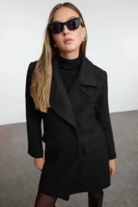 TRENDYOLMİLLA Black Double breasted Kapama Oversized Midi Bowl Overcoat - Image 5