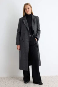 TRENDYOLMİLLA Black Regular Pattern herringbone Patterned LONG Bowl Overcoat