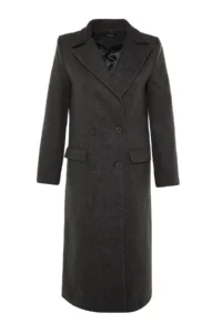 TRENDYOLMİLLA Black Regular Pattern herringbone Patterned LONG Bowl Overcoat - Image 11