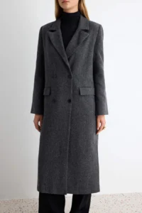 TRENDYOLMİLLA Black Regular Pattern herringbone Patterned LONG Bowl Overcoat - Image 3